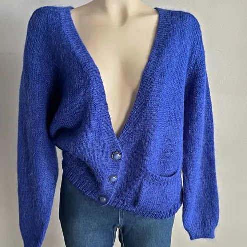 Vintage 80s Mohair Cardigan Blue Size M Slouchy Deep V Cottagecore Sweater Size M