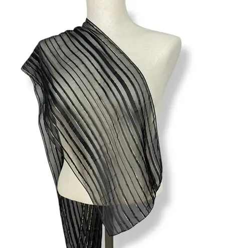 Vintage Scarf Black Sheer Stripes Gold Thread Women Elegant Dressy Retro Nylon