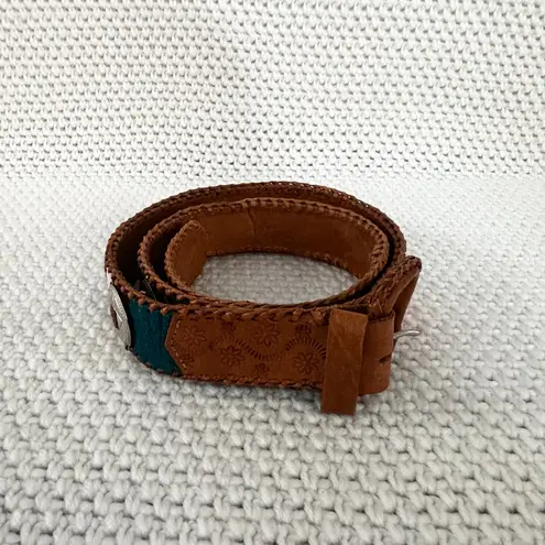 Artisan Vintage Tan Tooled Leather Guatemala Woven Multi Silver Ring Belt OS