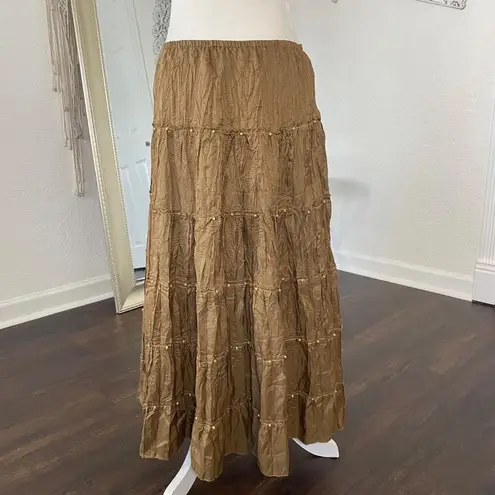 Sunny Leigh Ethereal Fairy Grunge Brown Tan Silk Beaded Midi Maxi Skirt L