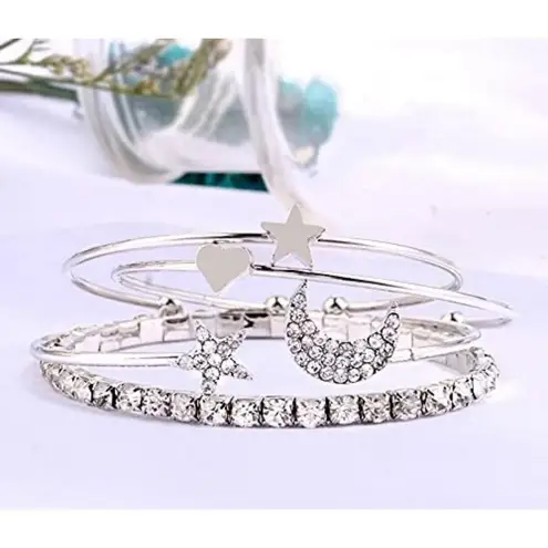 Boutique Silver Bangle Bracelet Set Crystal Star Moon Heart Charm Stackable Jewelry