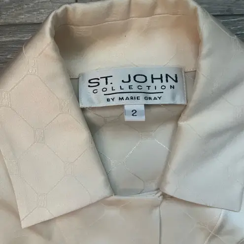 St. John Collection Cream Gold Long Sleeve Silk Button Down SJ Print Top Size 2