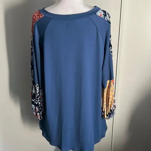 New Boho Balloon Sleeve Color Block Patchwork Jersey Knit Top Long Sleeve Blouse Blue Size L