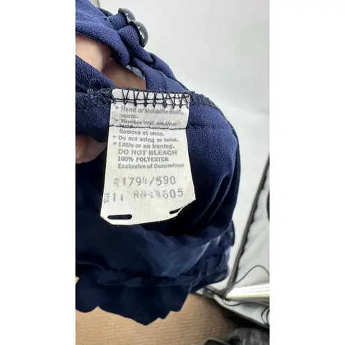 Vintage 80s Midi Party Dress Navy Blue Off Shoulder Layered Ruffles Sheer Yoke Size M