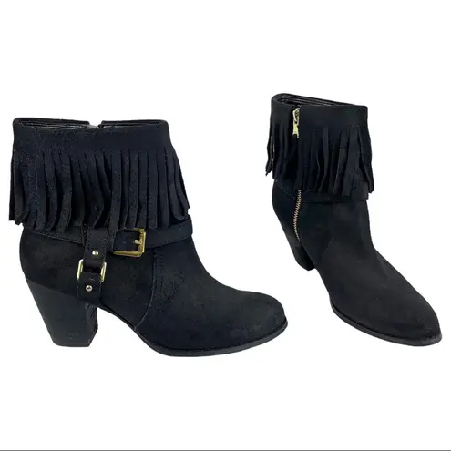 Lauren Ralph Lauren Mara Black Oiled Suede Fringe Heel Booties Sz 8