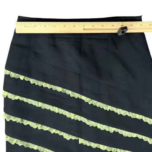 Vintage 90s Black Green Ribbon Ruffle Stripe Wool Pencil Knee Length Skirt sz 6