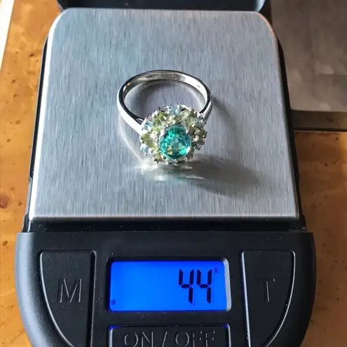 Peacock Quartz Peridot Sterling Silver Cocktail Ring Size 10 Blue