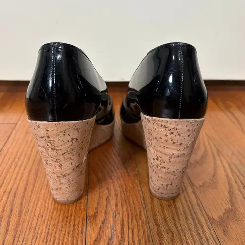 Via Spiga Black Patent Leather Peep Toe Cork Wedge Heels Size 8