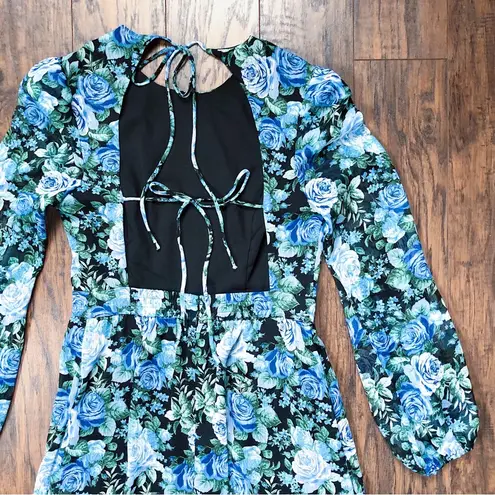 WAYF • Blue Floral Tiered Midi Dress open tie back blouson black rose print