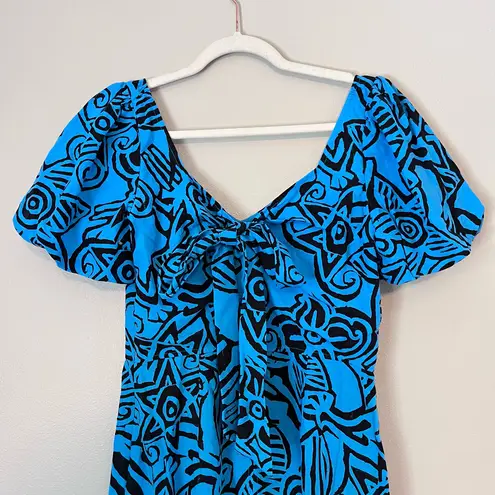 Whistles NEW Starflower Linen Blend Puff Sleeve Midi Sheath Dress Blue