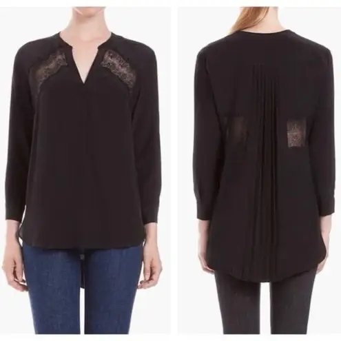 Sandro Paris Black Silk Lace Panel Blouse Small Long Sleeve Pleated Back