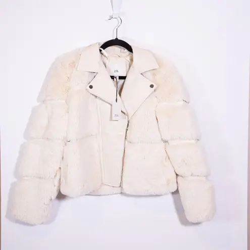 NEW River Island Faux Vegan Fur Leather Panel Comfort Layer Puffer Jacket Stone