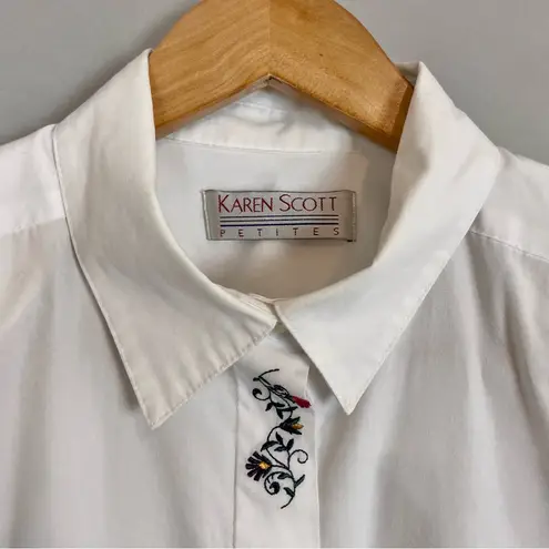 Vintage Floral Embroidered Shirt Long Sleeve Women White Size 14 Petite Blouse White