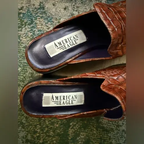 Vintage 90s American Eagle Kimmy fringe faux croc mule loafers, size 7M Brown