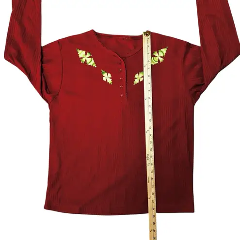 CHIC Burnt Orange Rust Long Sleeve Green Floral Geometric Embroidered Top No Tag Size M