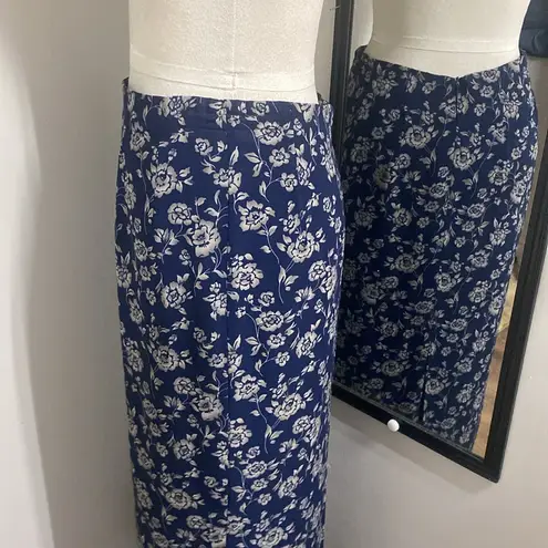 VNTG 90s FLORAL SILK MAXI SKIRT NAVY WITH CREAM FLOWERS PRINTED ALL OVER LINED Blue Size M