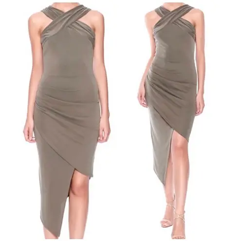 Mystic New Asymmetric Halter Bodycon Dress Twisted Wrap Neck Sleeveless Taupe