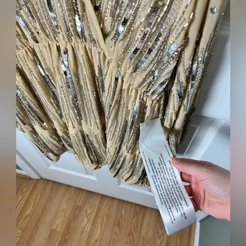 Mac Duggal Beaded Sequin Long Sleeve V Neck Surplice Neck Romper 10563 Nude 10