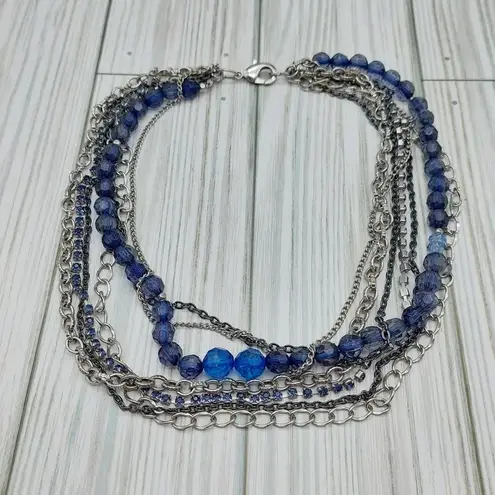 Multi Strand Silver Tone Chain Necklace Blue Bead Rhinestone Cup Rolo Gun Metal