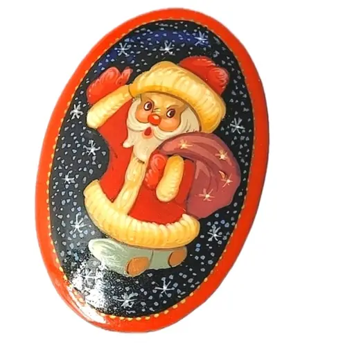 Rare Vintage Lacquered Handmade in Russia Santa Claus Christmas Xmas Brooch Red