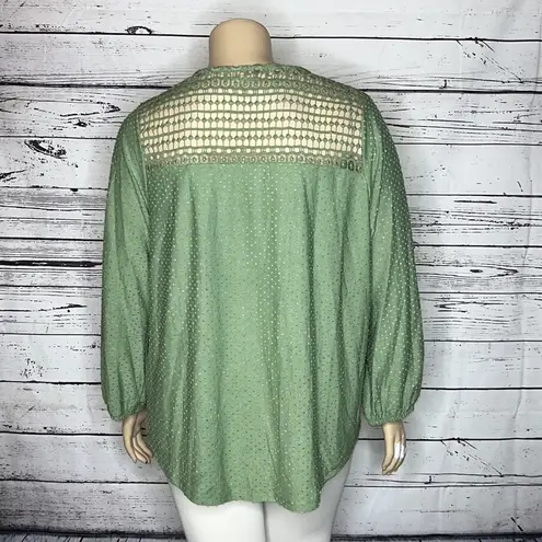 New York Laundry NWT 2X Green Swiss Dot Crochet Lace Tie Hem Faux Button Top