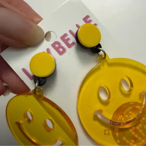 Lily Belle Earrings Smily Faces Hanging Pierced Acrylic Bold Fun Yellow Large