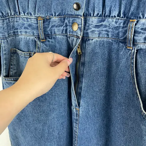 Styles To Go Vintage 90s Blue Denim Western Cowgirl Snap Button Long Sleeve Jean Maxi Dress