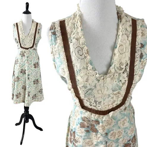 Vintage 60s 70s Blue Roses Country Western Prairie Midi Dress Lace Dainty