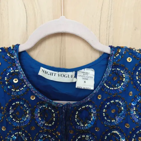 VTG Night Vogue Womens Silk Beaded Jacket Size S Blue Glam Art Deco Gatsby 90s