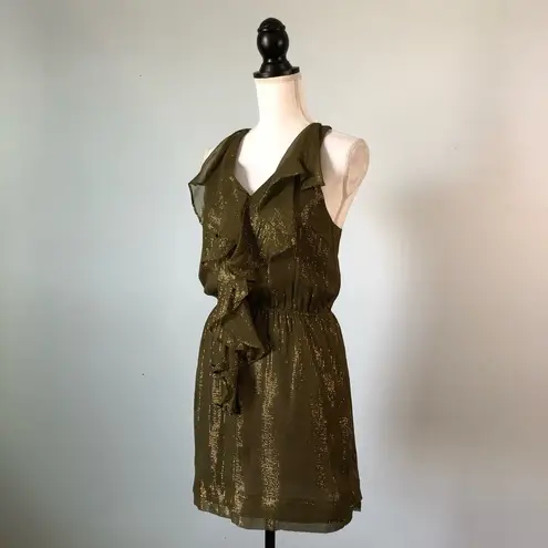Greylin | Silk Olive Green Metallic Ruffle Dress Sz S