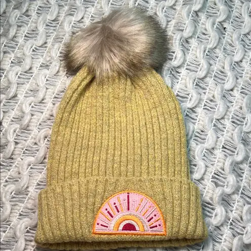 Virgina Wolf Sun Ray Patch Beanie Faux Fur PomPom Crochet Knit Stocking Cap Pink