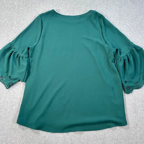 Ces Femme Green Bell Sleeve Blouse Women's Large Cutout Floral Detail Top