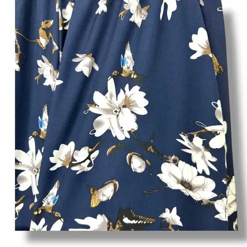 B My Story Blue Floral Hummingbird Ultra High Waist Wide Leg Parachute Pants Size L