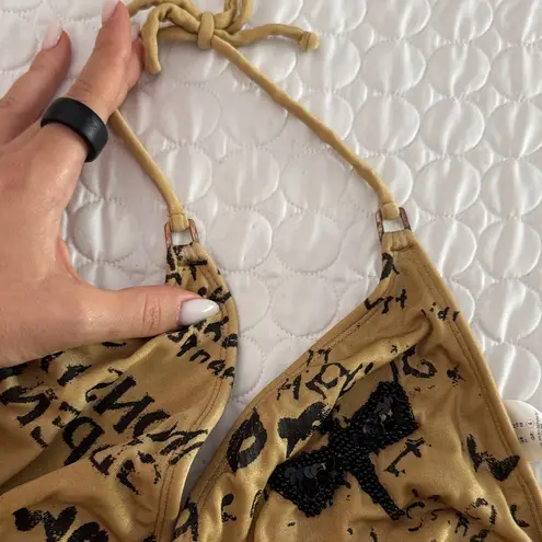 Women size medium Stylish Tan Bikini Set with black sequin dragonfly - Image 4