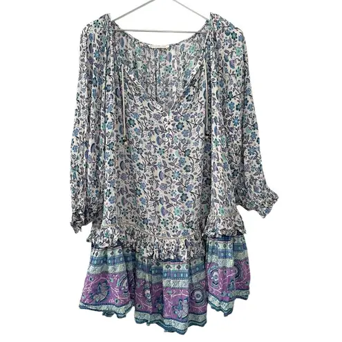 Spell & The Gypsy Flora Boho Mini Dress Purple Border XS Blue