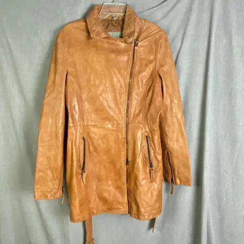 Bod Christensen 100% Leather Tan Caramel Moto Coat Belted Asymmetrical L Brown Size L