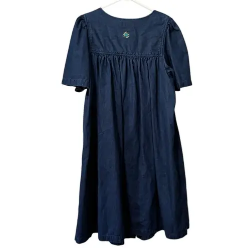 Go Softly Patio Denim Mumu Dress Zip Front Fruit Embroidered Pockets Size Medium Blue