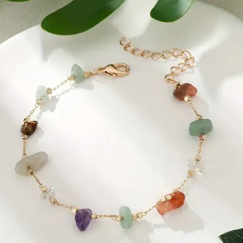 Bohemian 14K Plated Natural Stones Beaded Ankle Bracelet Multiple