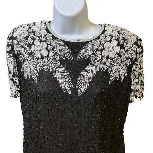 Vintage Beaded Dress Black Silk Party Cocktail Dress Open Back M Size M