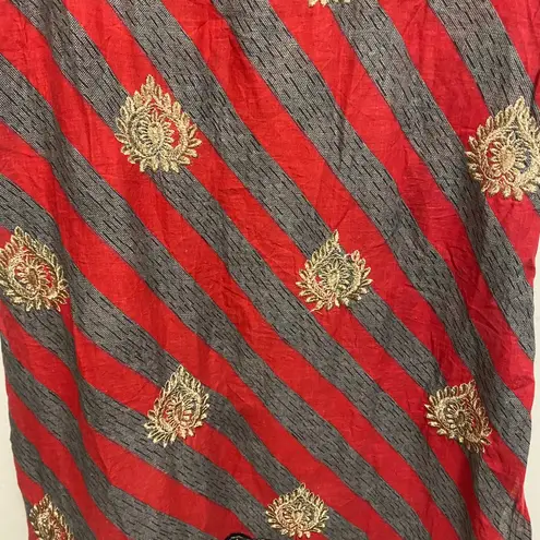 Womens Midi Dress M Bust 36” Gray & Red Stripes Embroidered Bottom Boho Size M