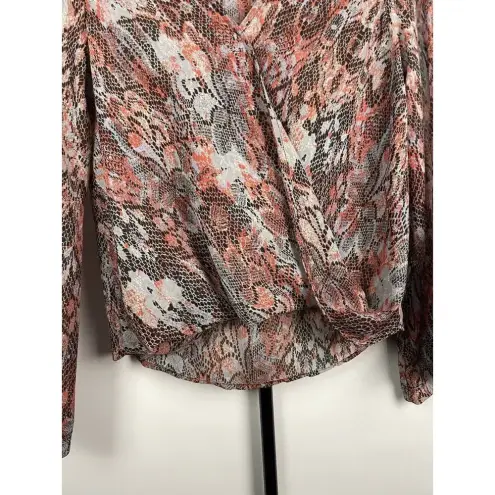 Sigal A. Multicolor Snake Print Sheer Crossover Long‎ Sleeve 100% Silk Blouse XS Gray