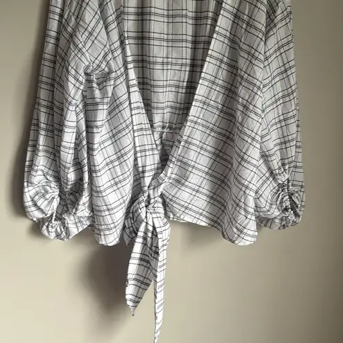 Sundance Dora Windowpane Check Gauze Wrap Top Billowy Balloon Sleeves Merium