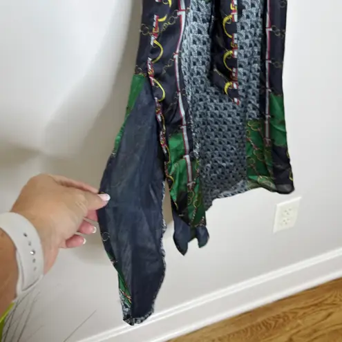 Japanese Brand Silk Blend Chain Print Dress Belted Green Black Short Sleeve XL