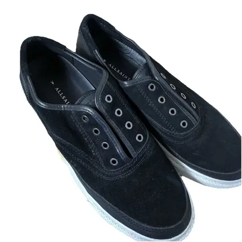 AllSaints Womens 37 Black Suede Slip On Platform Sneakers Casual Streetwear Shoe Size 6.5