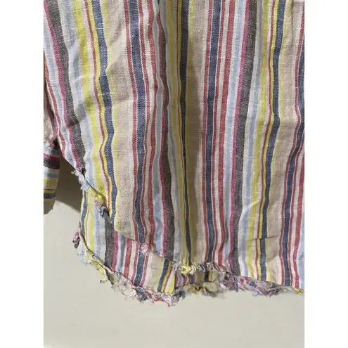 Elan  Lagenlook Boho Frayed Top Womens‎ Small 100% Linen Striped Popover