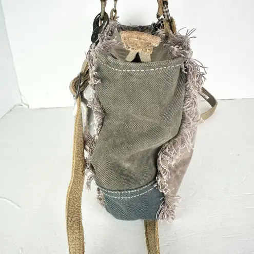 Myra Bag Leather Canvas Fur Shoulder Crossbody Bag Western Boho Aztec Large Gray