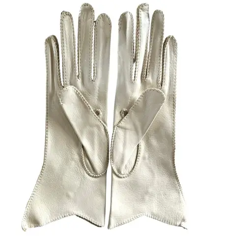 Vintage Ivory Cream Leather Gloves Sz 6.5 Rope Detail on Top, Original Sleeve