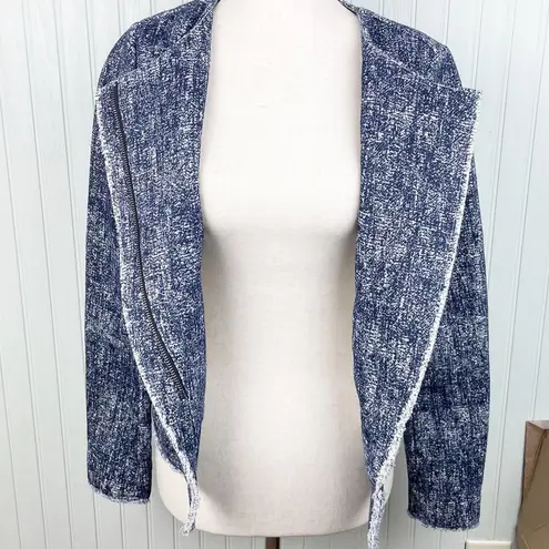 Ecru Blue Printed Fringe Trim Tweed Jacket Zip Blazer Women's Size XS