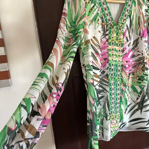 Badgley Mischka | Tropical Print V Neck Tunic Shirt with Peasant Sleeves | Sz 4