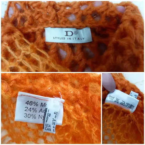 Open Knit Crochet Crop Sweater Womens 4US Orange Cowl Neck Italy Mohair Y2K Rave Size 4
